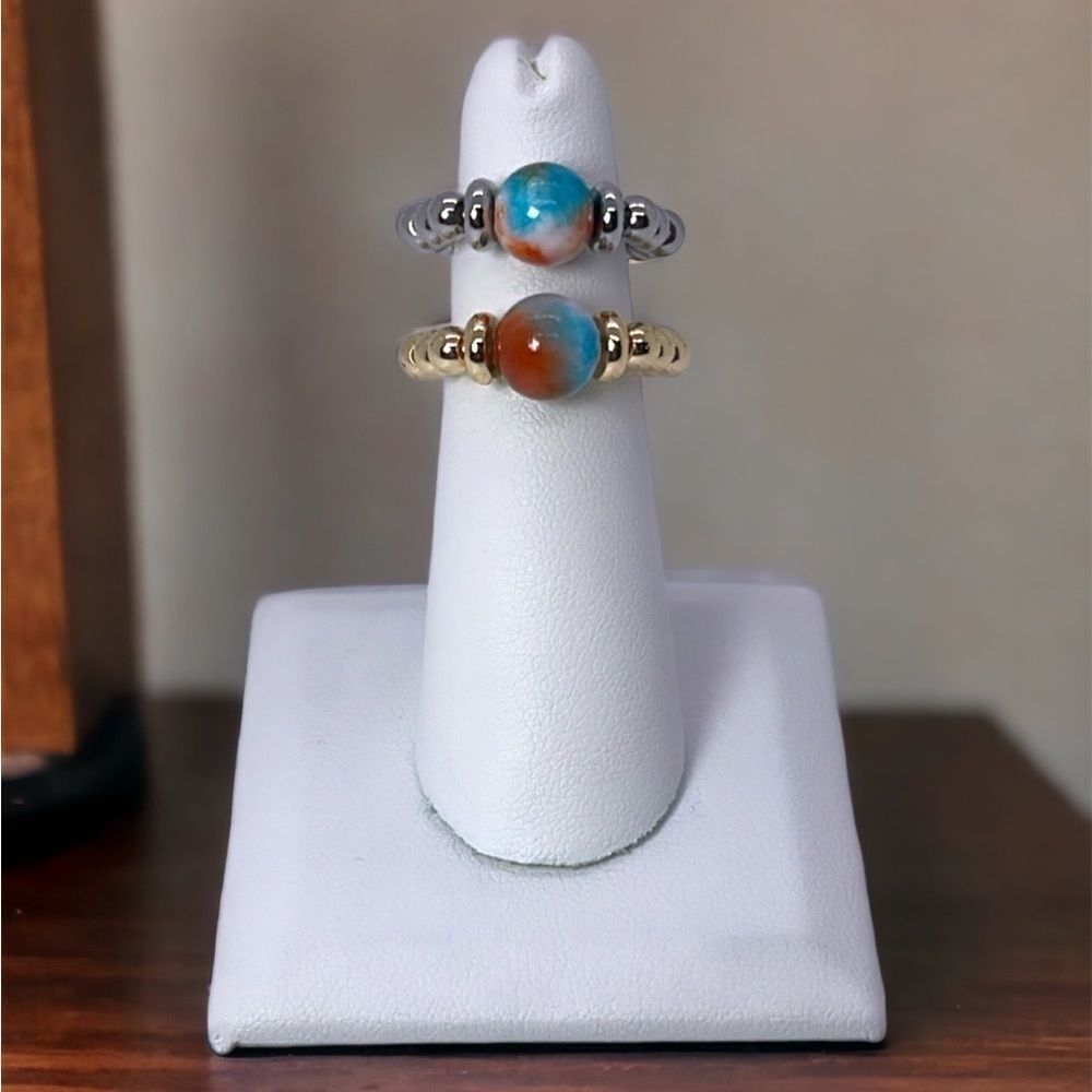 NWT Wool + Pepper Co. Blue Orange Jade Beaded Ring with Silver or Gold
